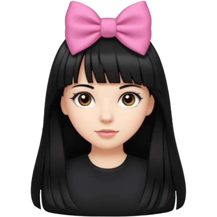 garota branca com cabelo longo, preto e franja reta, olhos castanhos, top preto e laço rosa no cabelo  emoji