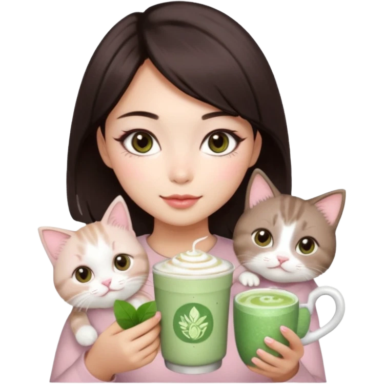 asian girl with short dark brown hair and dark brown eyes with a soft girl pink glowup aesthetic, matcha latte, 2 light brownragdoll cats, and sparkles, makeup, and money. more sparkles emoji