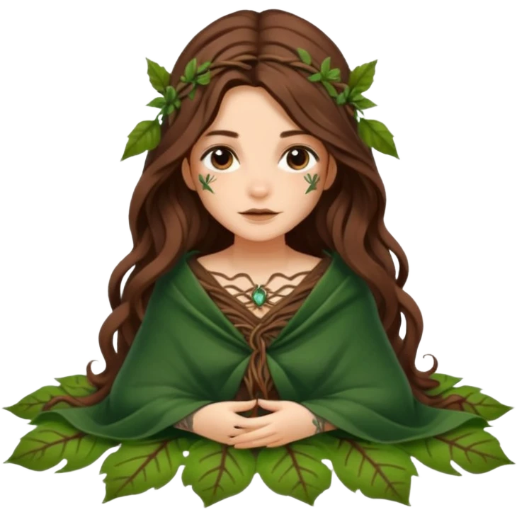 cute forest witch woman long wavy brown hair tattoos wrapped in leaf blanket emoji