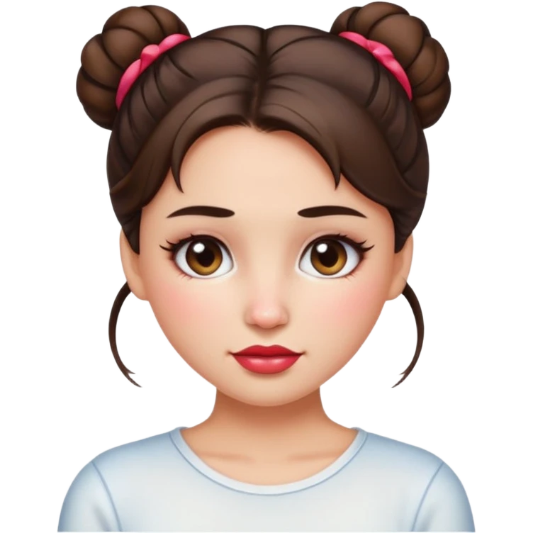“Emoji brunette girl hair in bun white top, dewy skin, heavy blush across cheeks and nose bridge, glossy cherry lips, soft eyeliner, teary sparkling eyes like hanni from new jeans emoji