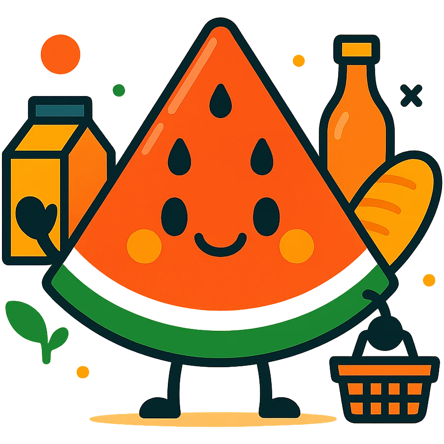 minimalist watermelon slice mascot, smiling, with subtle grocery elements, for an egrocery brand, clean and modern emoji