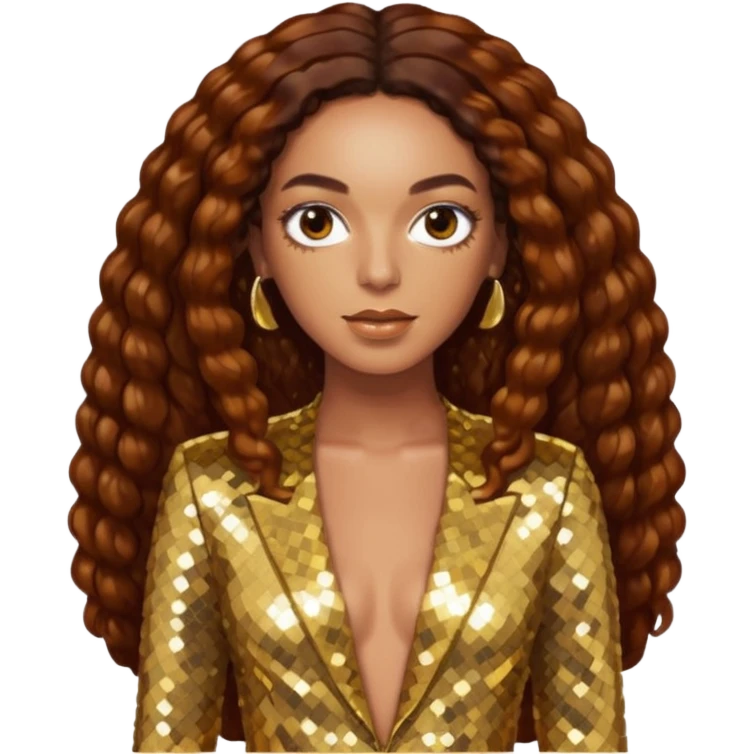 Solange with long dark auburn hair, gold sequin outfit emoji