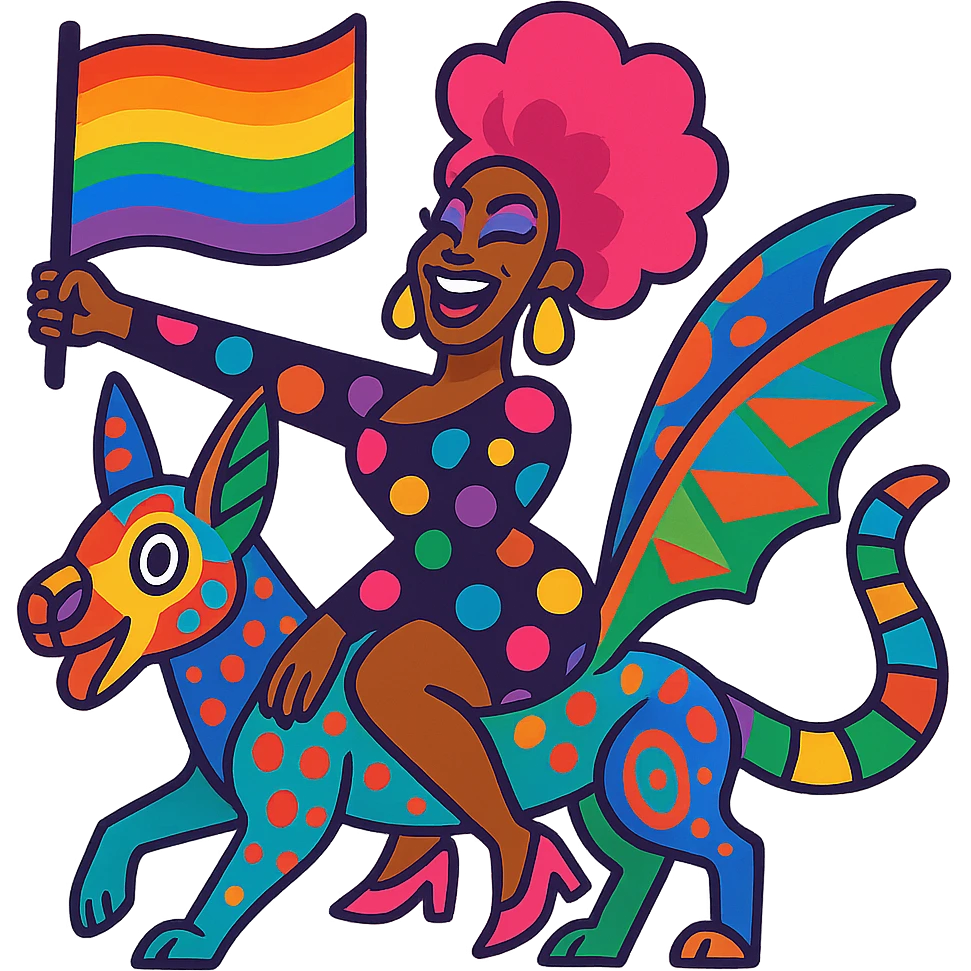 drag queen riding a colorful alebrije, waving an LGBTQ flag, vibrant and lively colors emoji