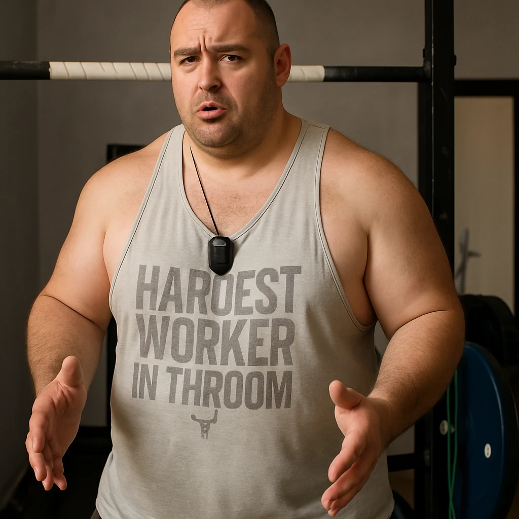 Create a realistic version of the man in the reference photo with a robust physique, large muscles, and visible fat on the abdomen and hips, maintaining the original pose. emoji