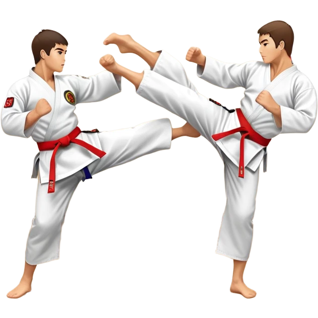 Two karate fighters in traditional gi sparring. One executes a high kick aimed at the opponent’s head, while the other blocks with a strong hand defense. The background features a classic dojo with wooden flooring and banners. Dynamic motion and focused expressions. Transparent background. emoji