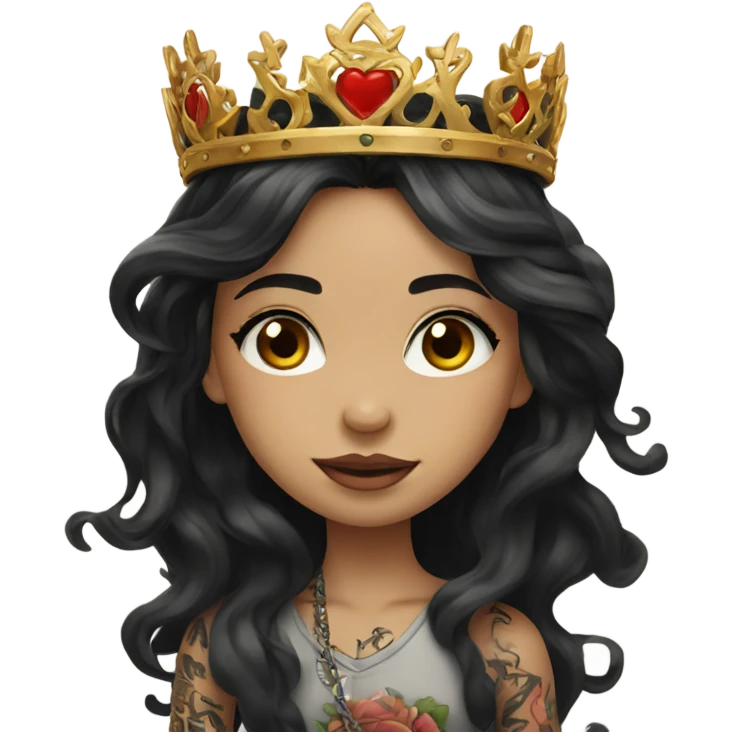 beautiful girl, with tattoos, wears a crown with long black hair, wavy hair, chinese emoji