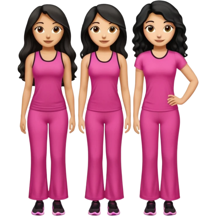 3 olive skin tone best friends. First one wearing pink gym attire modest with long black hair wavy. Second one wearing a pink fitted long maxi dress with curves long black hair and the last one wearing pink casual clothes with brown mid length hair similing looking glammed up  emoji