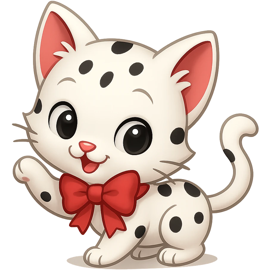 Make the kitty in a playful pose, keep it small, white with small black spots and a red bow, with no background. The style should be suitable for a small, cute cat illustration with no background. emoji