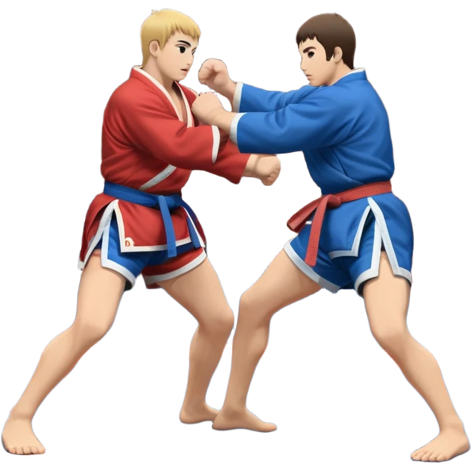 An icon symbolizing Sambo, featuring two fighters in blue and red kimonos with shorts. One executes a powerful throw, while the other attempts a defensive grab. The fighters are engaged in a grapple, using joint locks and sweeps. The background features a wrestling mat/ emoji