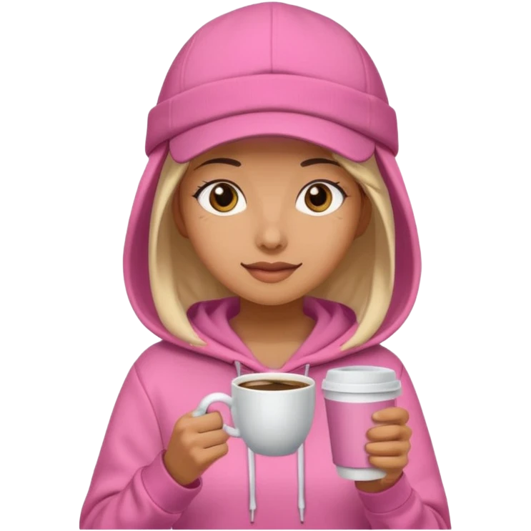 Woman in pink hoodie and cap holding coffee emoji