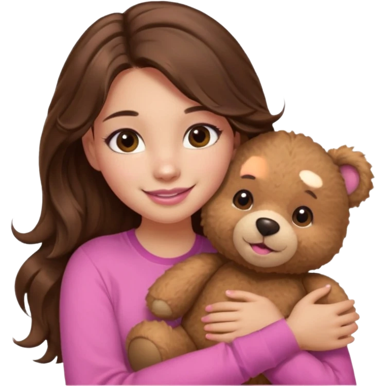 girl with long wavy brown hair, brown eyes, light to medium complexion, in a pink shirt, pink lips, long lashes, smiling, hugging a teddybear emoji