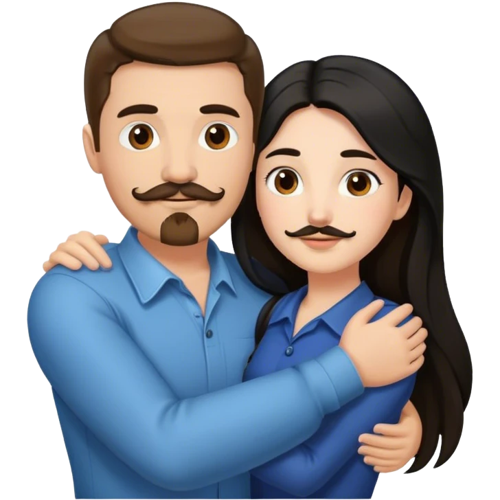 a white girl with long black hair hugging a white guy with brown hair goatee mustache emoji