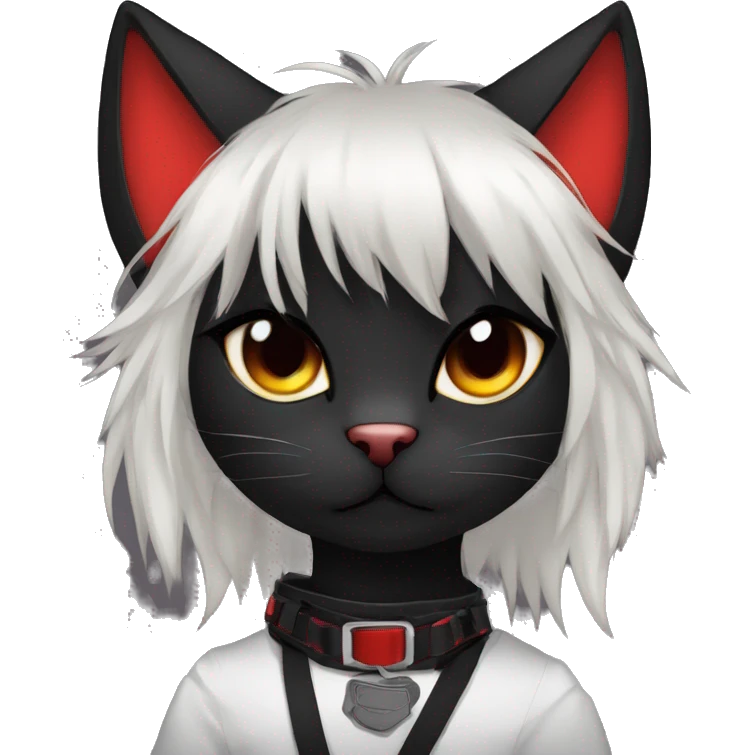 Anthro Edgy Cool Beautiful Black Cat-Fursona with Emo Hair-bangs with Red Streaks Chest Harness emoji
