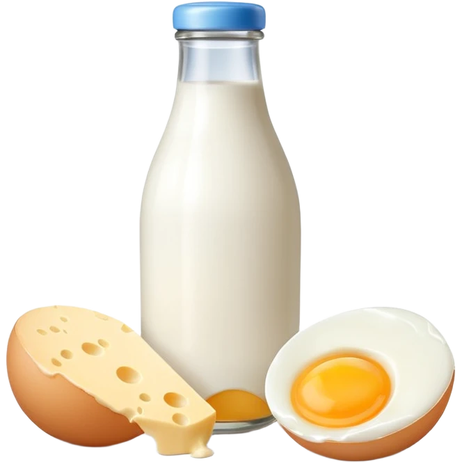 A cluster of dairy items: a milk bottle with an egg and a small cheese drop shadow behind them emoji
