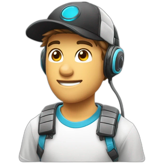 jeune homme gamer avec un casque micro, l'air sérieux, une casquette blanche emoji