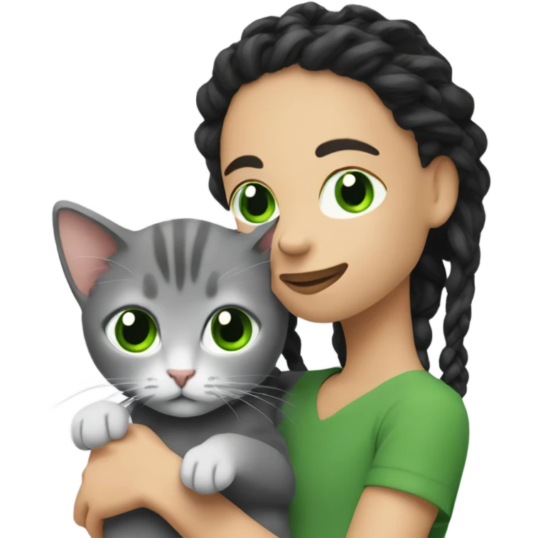 Man with dreadlocks holding a gray kitten with a white woman with black hair and green eyes ￼ emoji