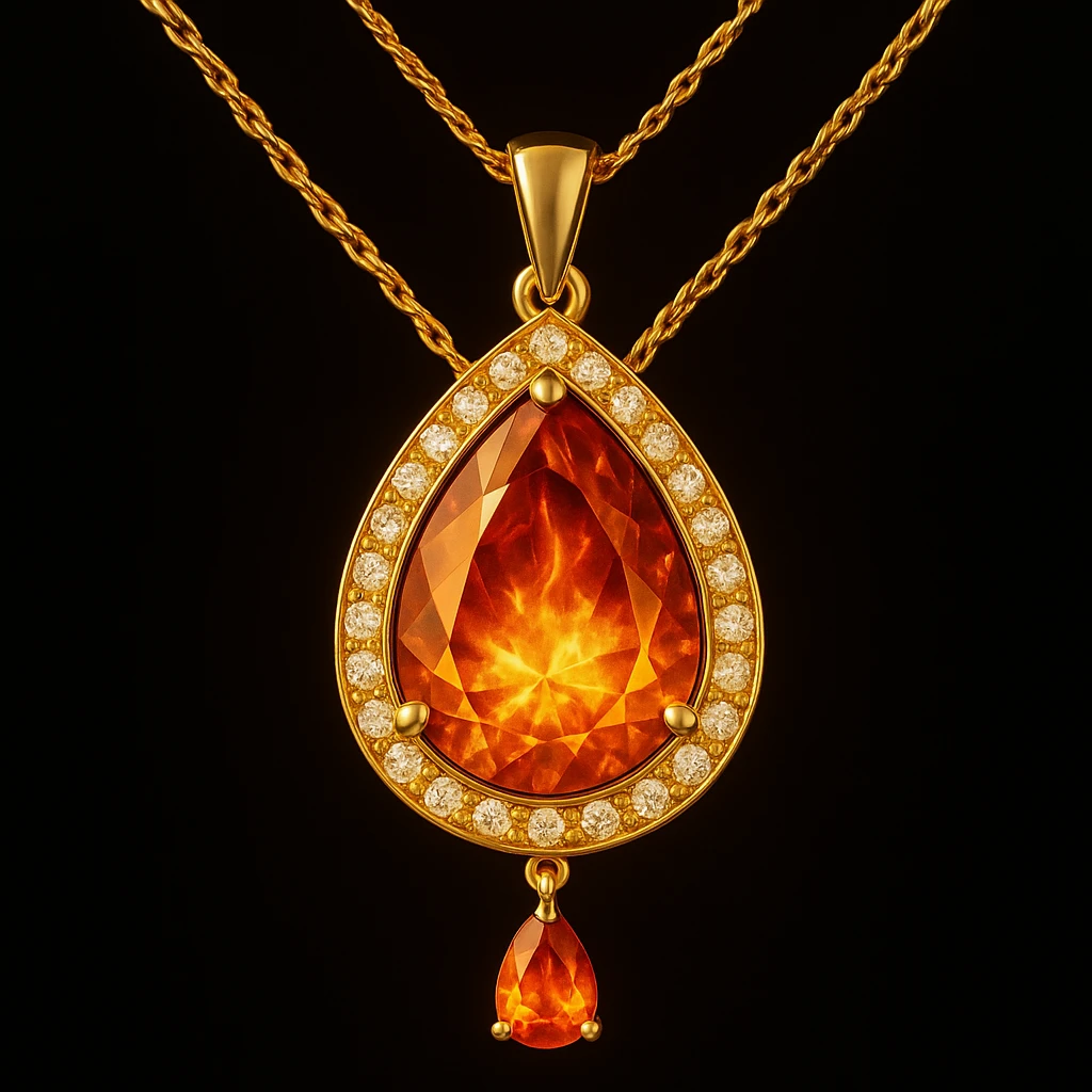 Add a yellow fiery light to the teardrop ruby pendant, representing transformation and rebirth emoji