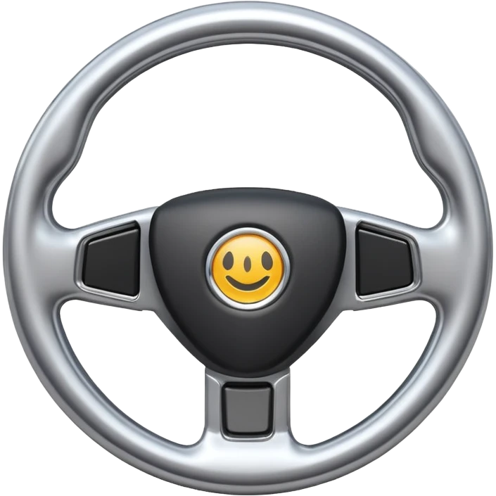 A futuristic steering wheel emoji made of silver chrome, minimal geometric design, smooth metallic surface, soft reflections, iOS emoji style, centered, clean white background emoji