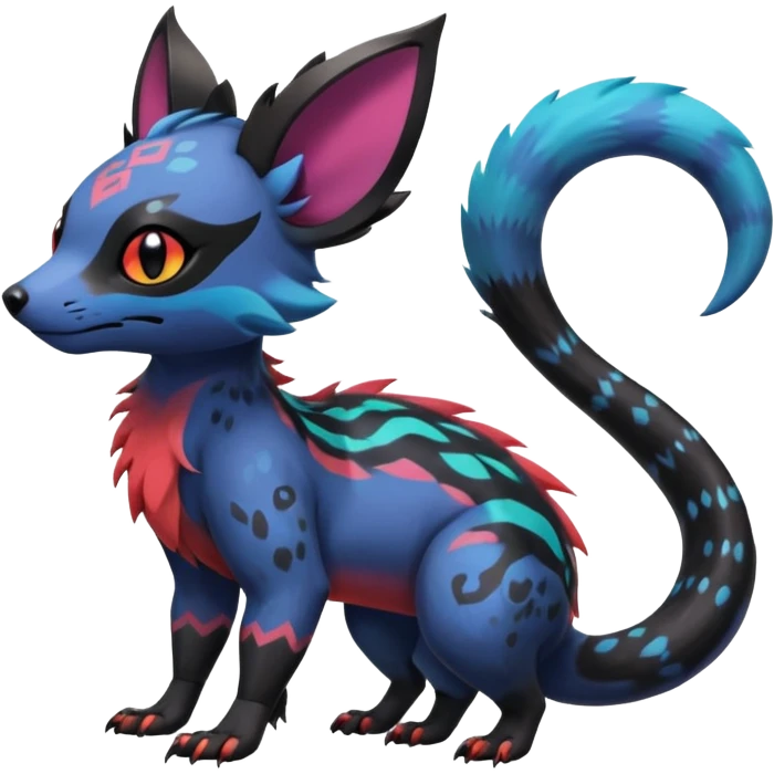 Rare exotic cute epic aesthetic gothic colorful Salandit-Eevee-Civet-species-Fakemon-hybrid-creature, with markings, full body emoji