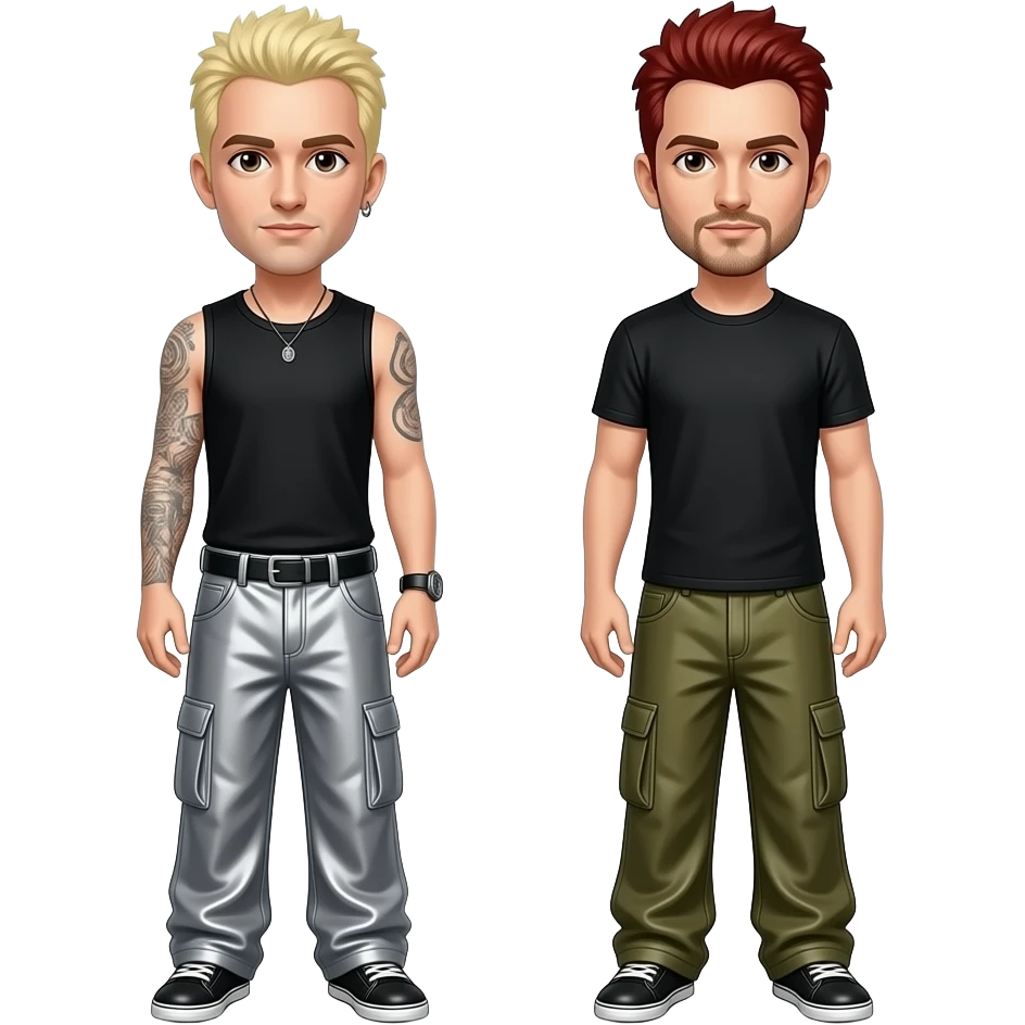 Linkin Park with Chester with blonde hair, brown eyes, black sleeveless shirt and gray metallic baggy pants, Mike with red hair, brown eyes, black T-shirt and olive metallic baggy pants emoji