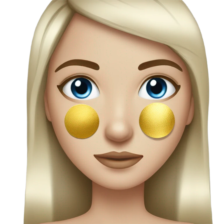 Skin care on white freackles skin of a brunett blue eyes girl under eyes gel Gold eye patches emoji