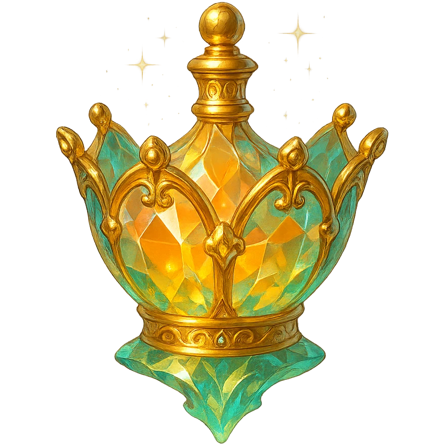 crystal luxurious elixir bottle shaped like a crown, pastel gradient of yellow, orange, and green, lots of shine, facets, ornaments, golden details, magical effects, very small golden neck, transparent background, beautiful merging base, clearly floating in air, no base or shadow, very luxurious, interesting design, fits a collection emoji