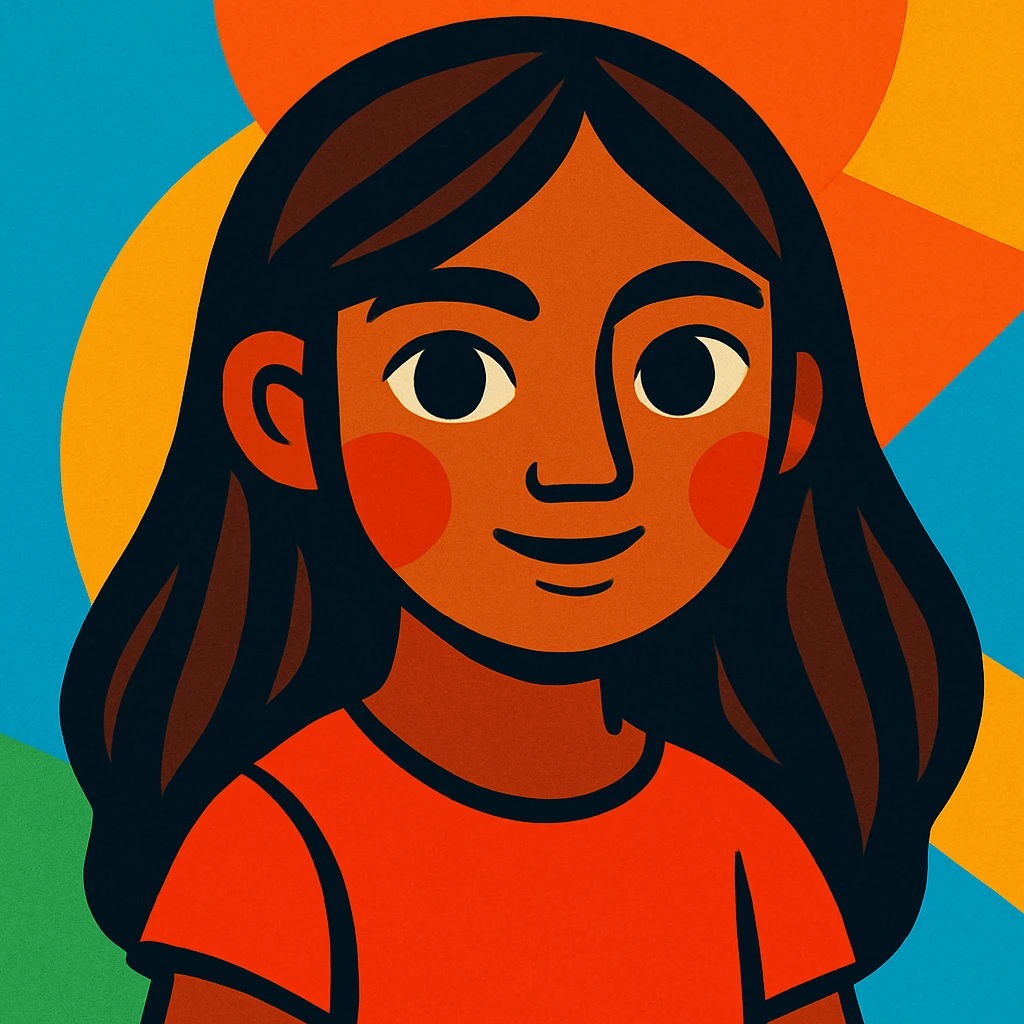 portrait of a brown-skinned girl with long brown hair and black eyes, modern illustrative style, vibrant colors emoji