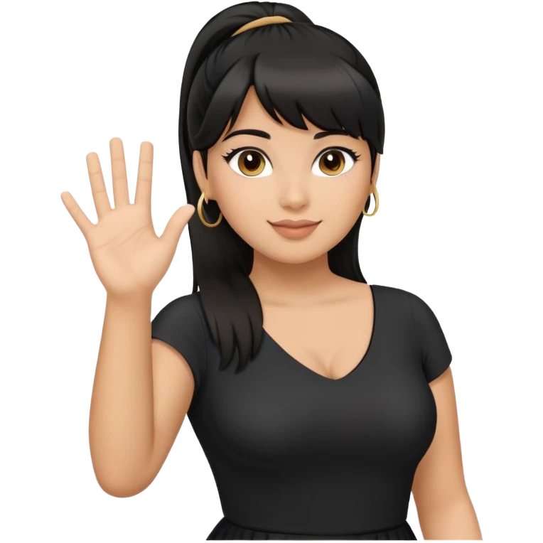 Latina girl with bangs black long hair in pony tail plus size black dress waving hand hello emoji