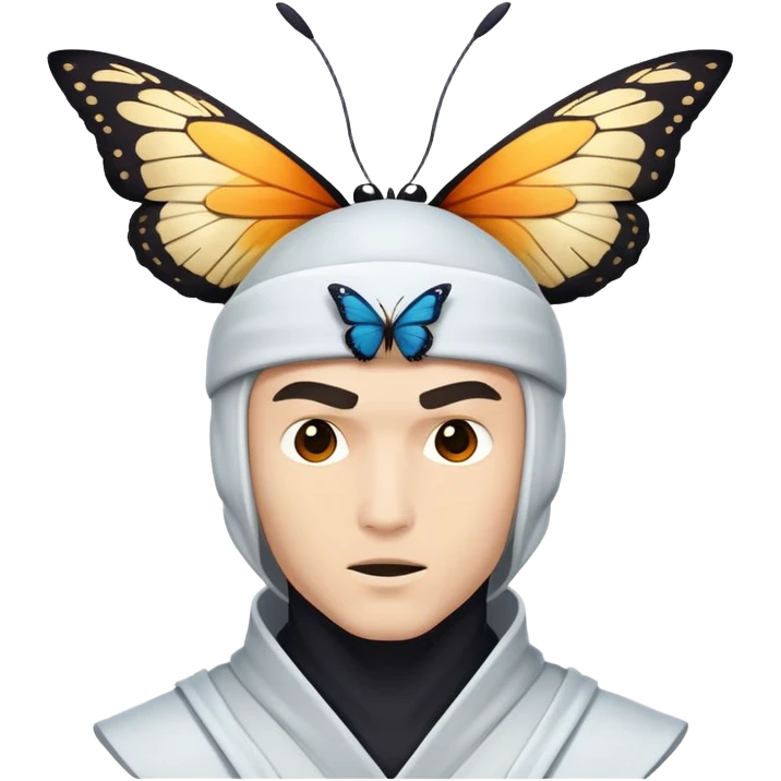 Crea una imagen con estos dos emoji 🥷🏻🦋
él ninja blanco con la mariposa posada en cabeza como si estuviera volando.

 emoji