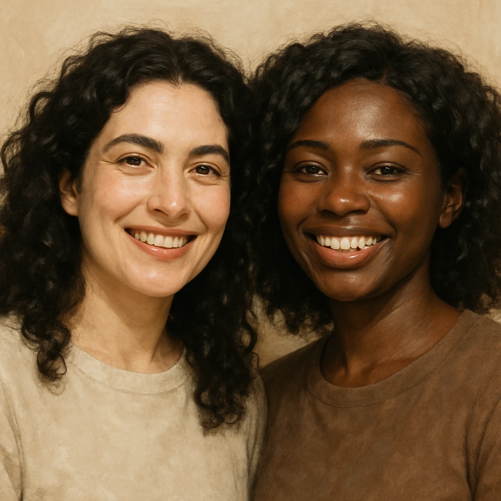 illustration of two women, one with light skin and one with dark skin, both with black curly hair, black eyes, full lips, smiling expression, realistic style emoji
