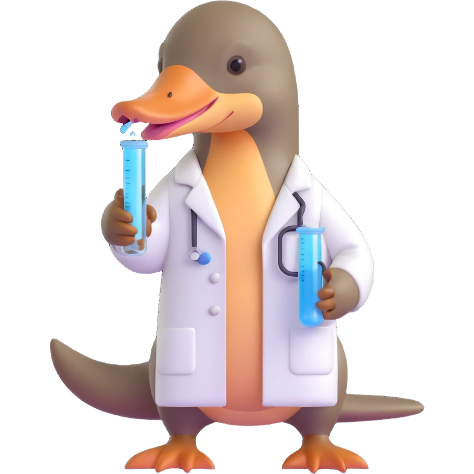 cute platypus with a white lab coat, holding a test tube emoji