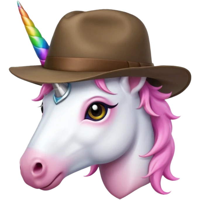 unicorn face cute wearing fedora, horn piercing through the hat emoji
