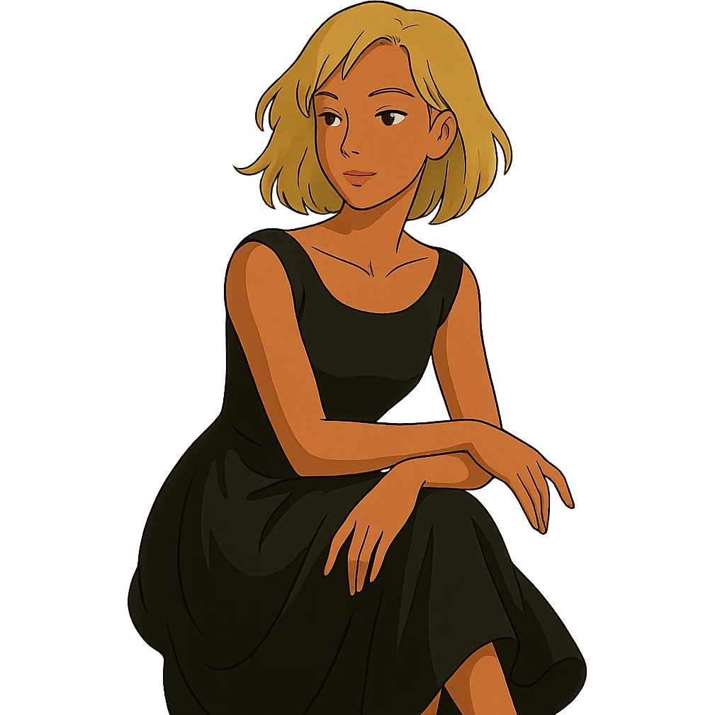 Asian woman, tanned skin, mid-length blonde hair, black dress, elegant pose, ghibli style emoji