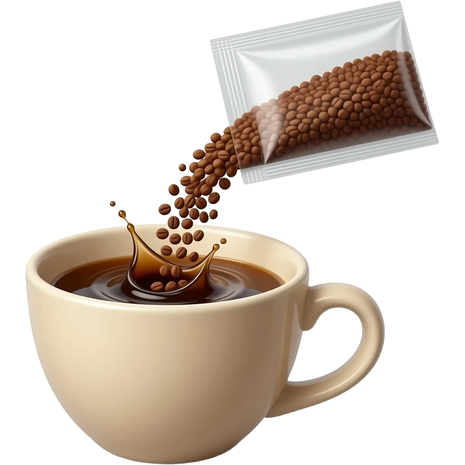 Minimal emoji-style illustration of instant coffee (fine granules, not beans) being poured into a cup with very little water inside.
Coffee powder falling from a sachet or spoon, visible mixing moment.
Clean, simple shapes, warm brown tones, light beige (off-white) cup, centered composition emoji