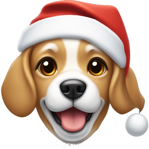 Small happy Tan dog with a white chests and nose strip, floppy ears, wearing a Santa hat emoji