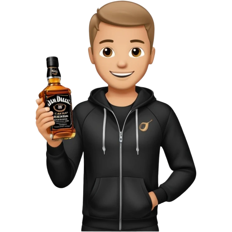Junge mit schwarzen Jogginganzug und Jacky Flasche in der Hand emoji