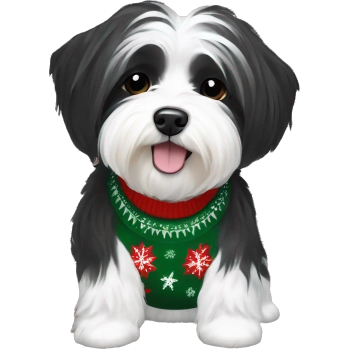 Black and white havanese in Christmas sweater emoji