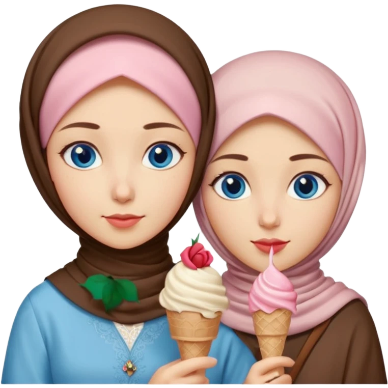 Turkish beautiful finish Konya two girls blue eyes with beige hijab islamic dress and had on her hand Rose ice cream emoji