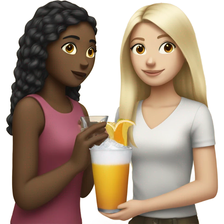 Blonde girl handing brunette girl a drink emoji
