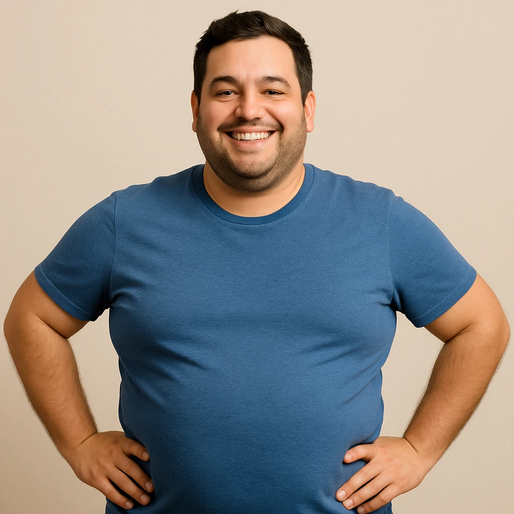 a man with a curvy chest, smiling, hands on hips, simple background emoji