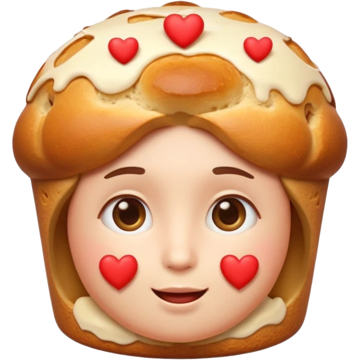 Apple-style emoji illustration of a cute face with dreamy eyes hugging a traditional panettone, small hearts floating around, soft 3D emoji style, smooth gradients, rounded shapes, warm festive colors, simple expression, centered composition, transparent background, no text. emoji