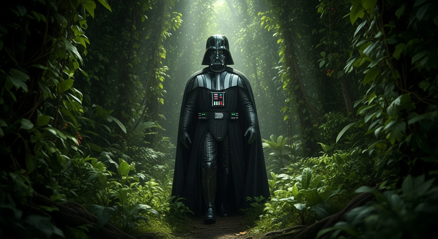 cinematic still, documentary photography, amazon jungle, well lit scene, Darth Vader is exploring the jungle, close up, front shot, rule of thirds emoji