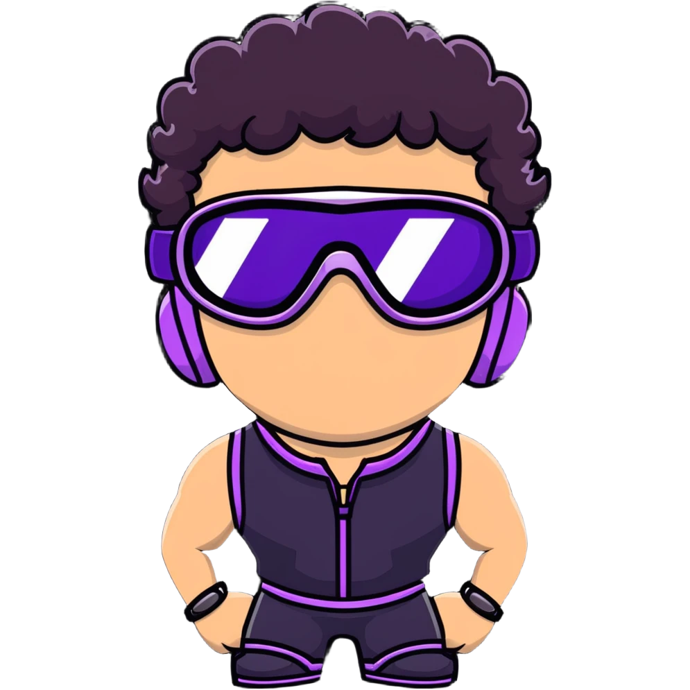 close-up of male athlete with white skin and moderately curly dark brown hair on top with shaved sides, wearing ski goggles with purple frames and very dark black lenses, a simple plain black chain necklace, and a completely unzipped sleeveless vest with purple and black sequin fire pattern design with no logo, frame centered on face and upper chest emoji