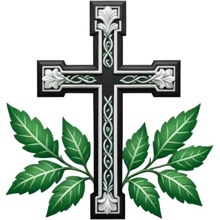 a black and white detailed cross with leaves over the top emoji