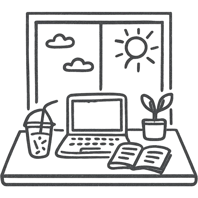 A desk by the window with summer sunshine in the background. On the desk, there is a laptop, a cup of iced coffee, and a small plant. An opened book is also present. emoji