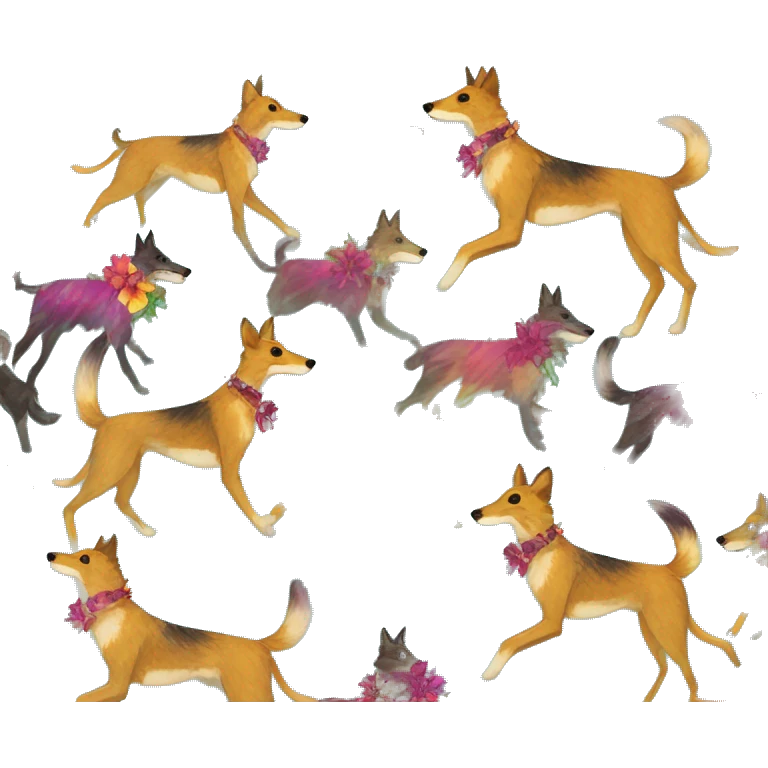  brindle brown black maroon striped lurcher Alsatian fox running blue eyes and iridescent holographic oilslick harness wearing paper iridescent tropical flower crown yellow caution tape emoji
