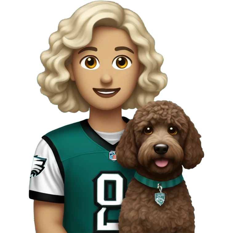 Light baron with dark brown Labradoodle wearing a Philadelphia eagles jersey emoji