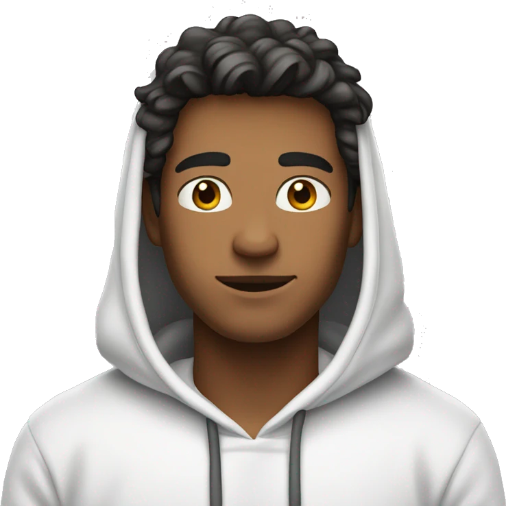 An emoji of a handsome man wearing a white hoodie, with the hood down, showing his hair, and standing confidently with a relaxed expression emoji