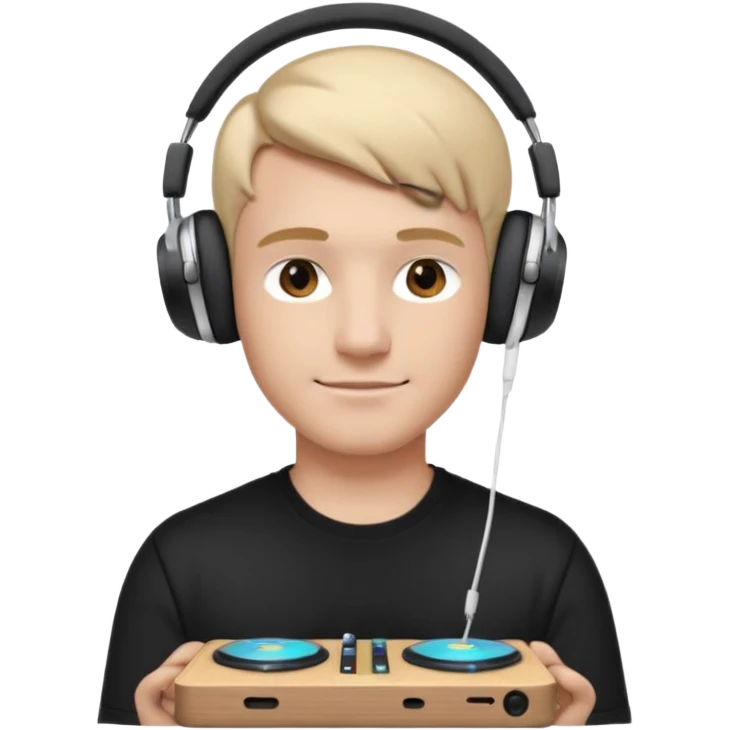 эмодзи парень диджей молодой с диджейский пультом красивый парень со светлыми волосами и в наушниках apple airpods max одет в черную футболку карие глаза  emoji