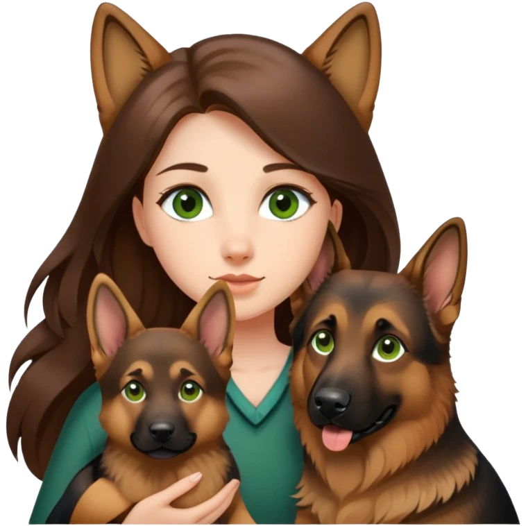 girl with long brown hair and green eyes holding a german shepherd  emoji